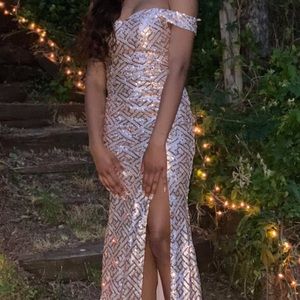 Rose gold sparkly dress with slit